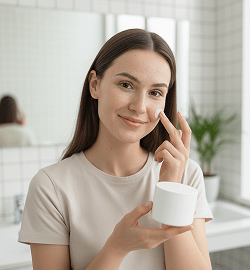 Chica sonriente en un baño aplicandose crema en la cara